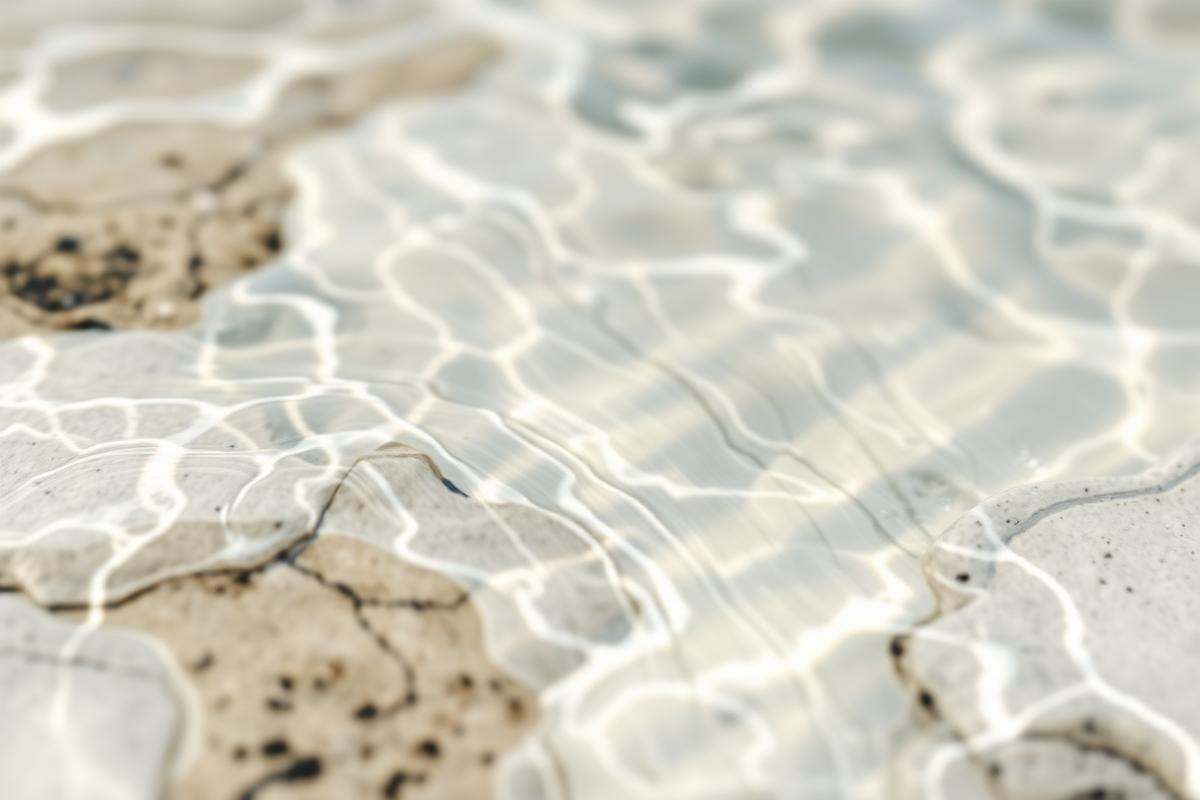 Sunlight rippling across shallow water over pale stone